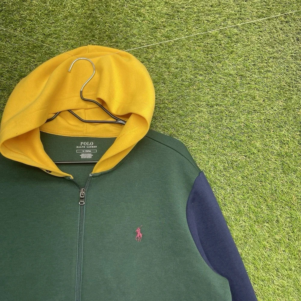 Polo Ralph Lauren Hoodie Mens Medium Colorblock Navy Blue Yellow Green Fleece